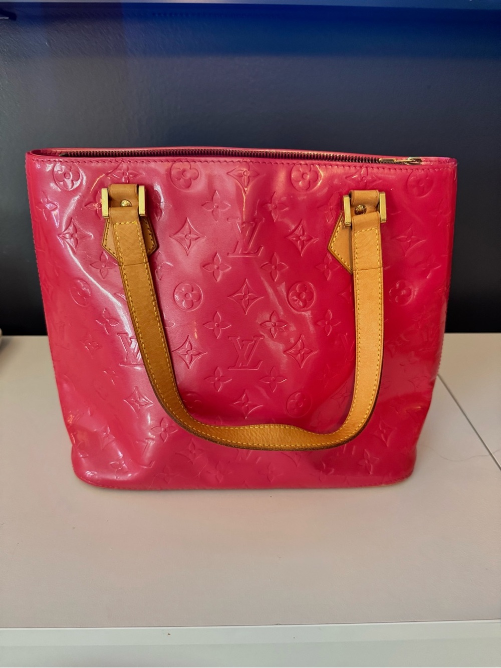 Louis Vuitton Hot Pink Monogram Vernis Shoulder Tote with Tan Handles